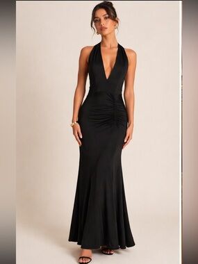 Lulu’s Black Halter Gown | Backless Ruched Maxi Dress 🖤